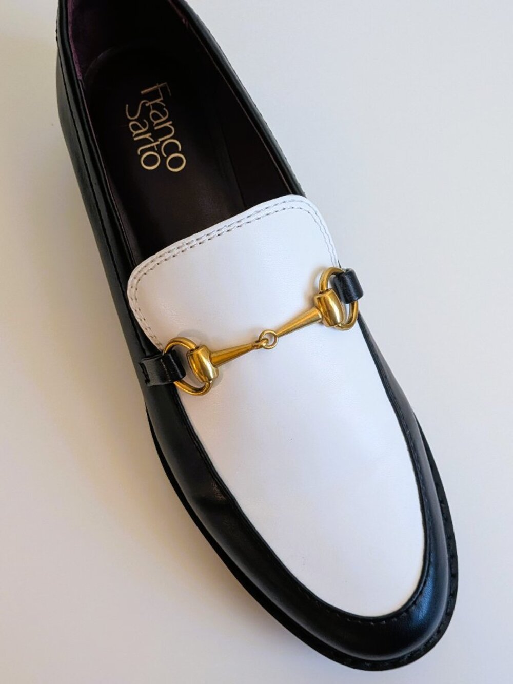 NWOT Franco Sarto Lug Sole Loafers Black and White with Gold trim, Sz 9 - Picture 3 of 6